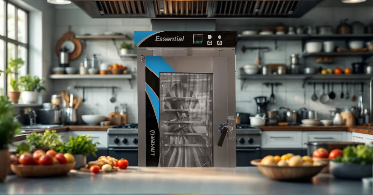 Horno de convección industrial LINHER Essential en cocina profesional iluminada, destacando su panel de control y eficiencia energética en verano.