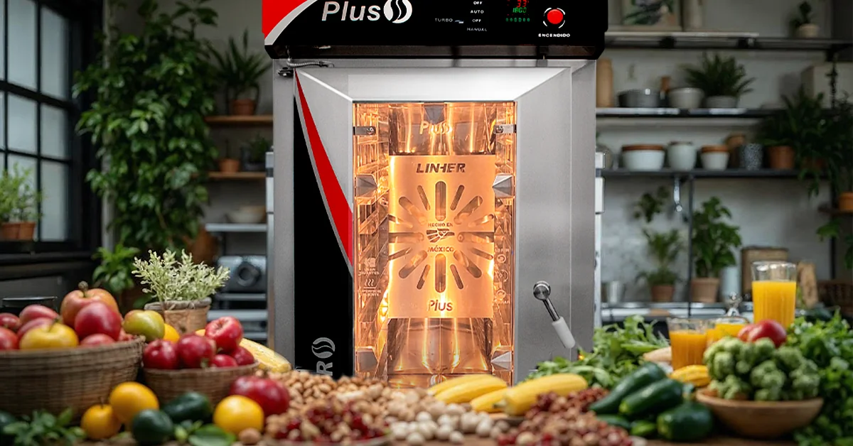 Horno de convección LINHER Plus con panes de elote y conchas tricolores, rodeado de ingredientes patrios como granadas, nueces, chiles poblanos y maíz en mesa de trabajo, en cocina profesional.