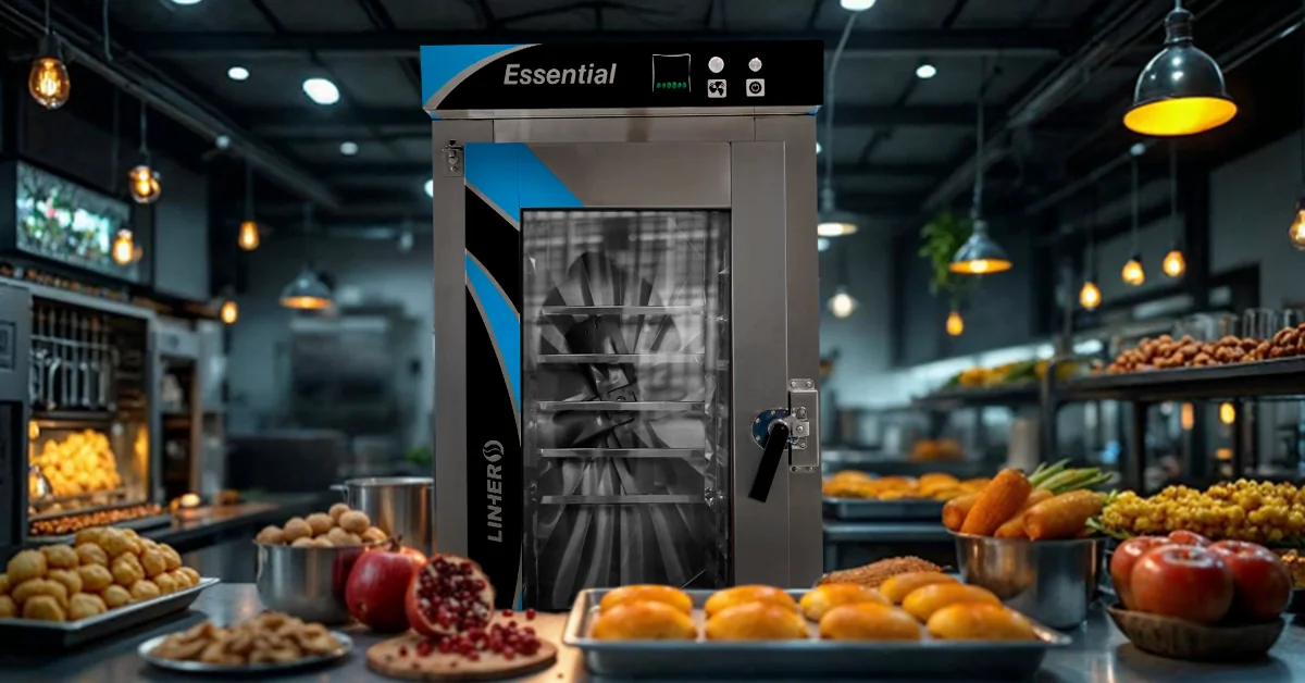 Horno de convección industrial LINHER Essential en primer plano como protagonista, con mesa al fondo con conchas tricolores, panes de elote y bizcochos, e ingredientes patrios en recipientes de acero, iluminación cálida.
