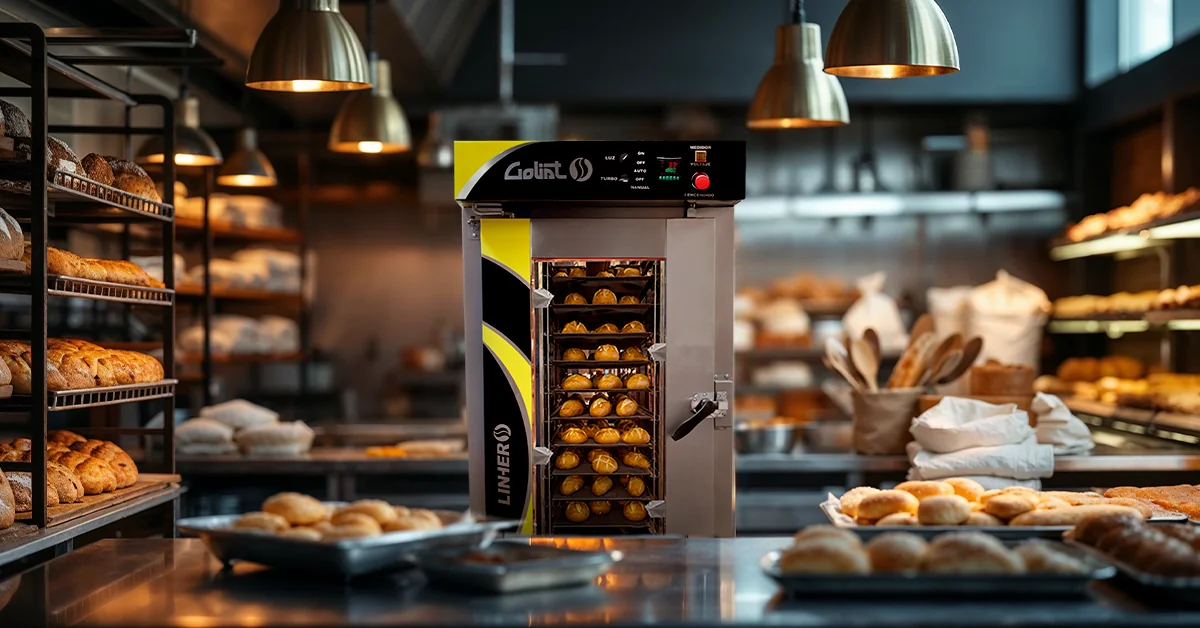 Horno de convección industrial LINHER Goliat en primer plano rodeado de charolas con pan dorado, con cocina profesional desenfocada al fondo, transmitiendo eficiencia y calidad.