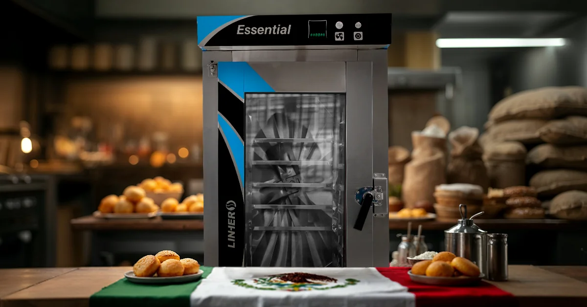 Horno de convección industrial LINHER Essential en primer plano como protagonista, rodeado de pan recién horneado y una mesa decorada con la bandera de México, transmitiendo calidad, frescura y productividad en temporada patria.