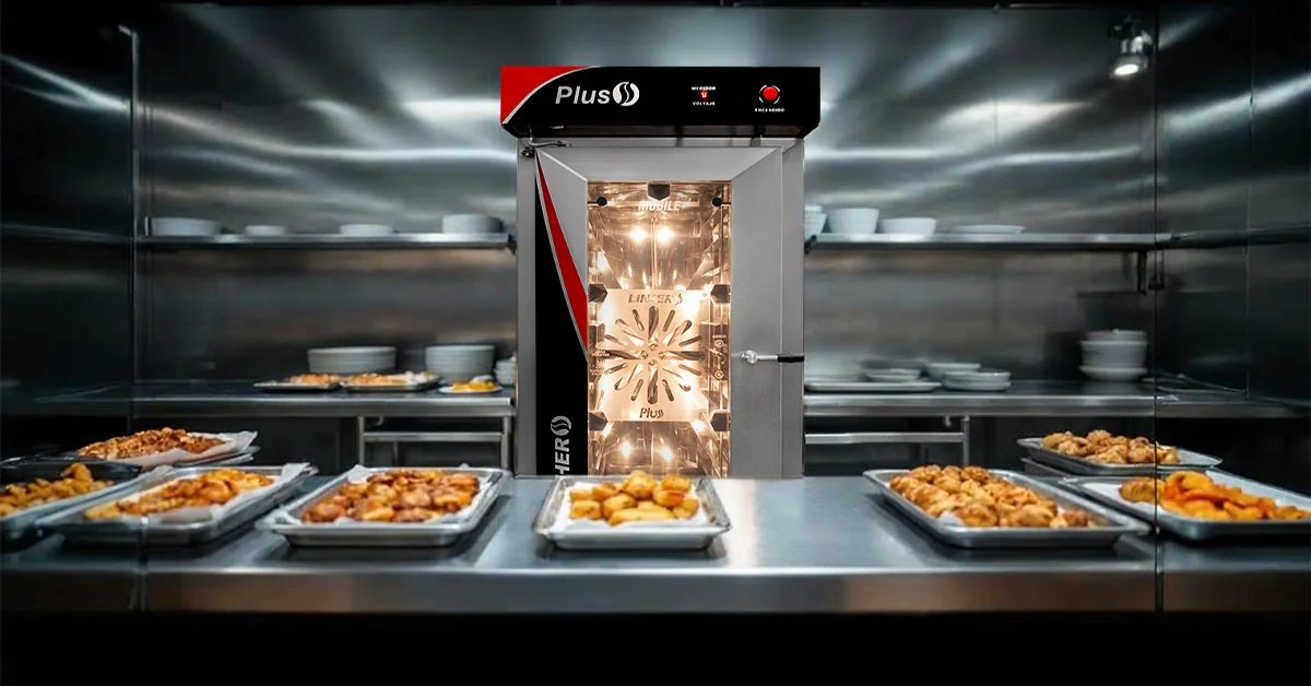Cocina escolar profesional con horno de convección LINHER Plus Mobile, rodeado de panquecitos de elote, enchiladas horneadas y galletas de piloncillo, lista para servir a estudiantes.