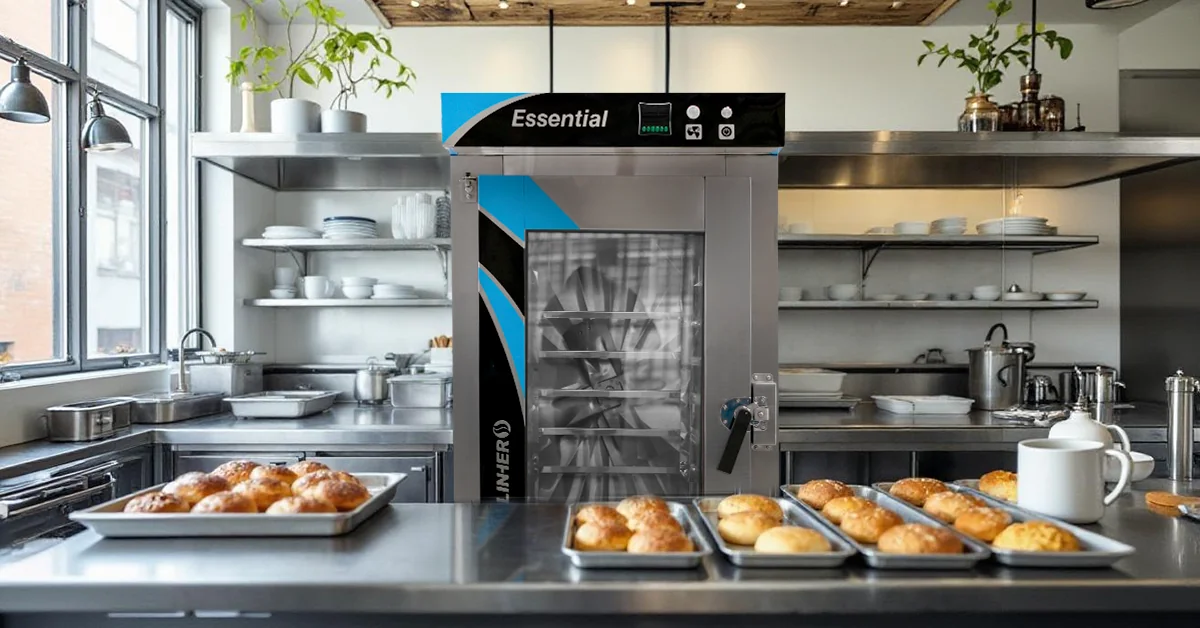Horno de convección industrial LINHER Essential en cocina escolar con panes mexicanos saludables en charolas, listo para servir a estudiantes.