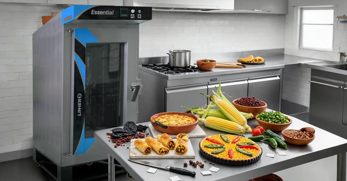 Horno de convección LINHER Essential en primer plano con puerta cerrada; en mesa lateral, cazuela de frijoles gratinados, panecillos de maíz con chipotle y tarta de elote con poblano junto a ingredientes frescos, con luz cálida.