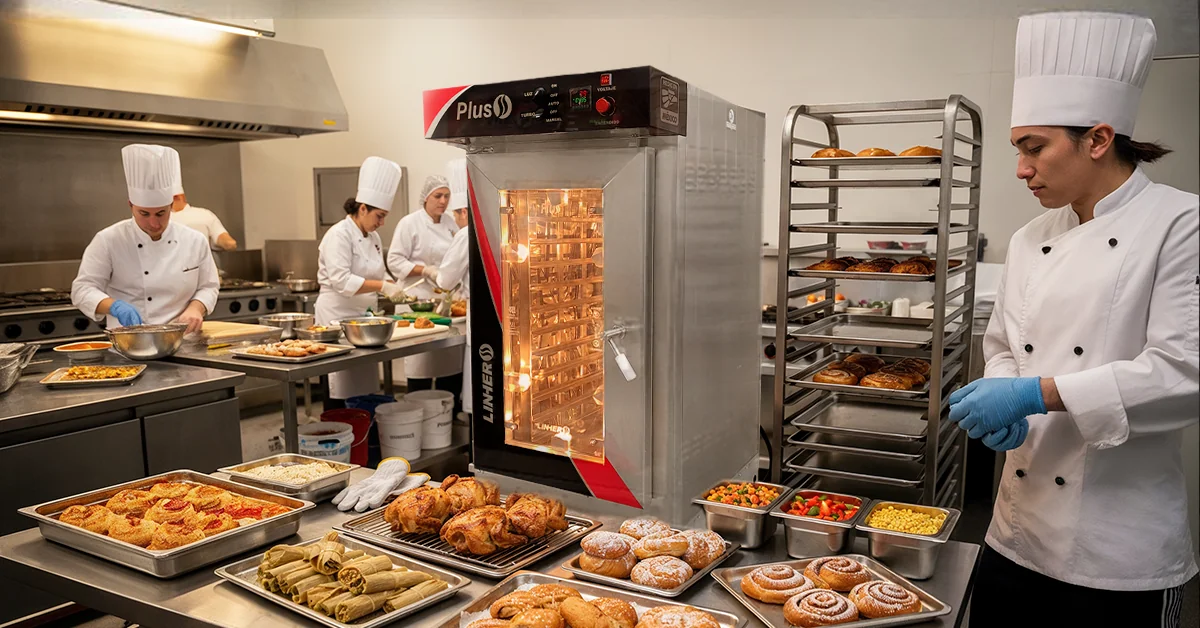 Horno de convección LINHER Plus encendido al centro, rodeado de charolas con tamales, pollos rostizados, panes de feria y guarniciones; al fondo, equipo de cocina trabajando en estación para feria/kermés con luz cálida.