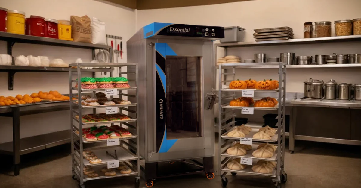 Horno de convección LINHER Essential al centro con brillo en el acero; a un lado charolas de panes tricolor y postres patrios, al otro Halloween y Pan de Muerto crudo; al fondo repisas con insumos, ambiente de cierre y preparación.