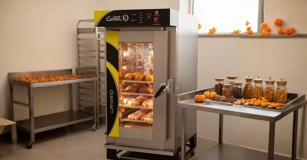 Horno de convección LINHER Goliat con vapor sutil mostrando panes de calabaza, roles de canela y pan con nuez; mesa lateral con calabazas, nueces y especias; hojas secas al fondo en luz cálida otoñal.