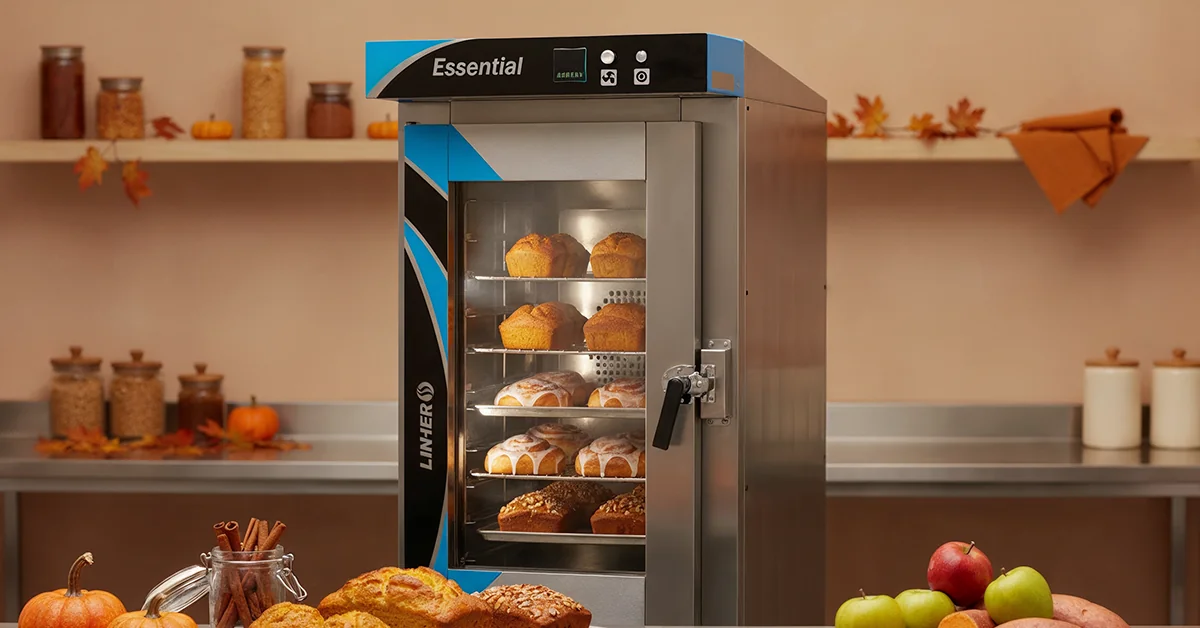 Horno de convección LINHER Essential al centro con puerta cerrada; tras el cristal se ven panes de calabaza, roles de canela y panqués de camote con nuez ya dorados; delante, mesa con calabazas, manzanas, camotes y canela; fondo otoñal discreto.