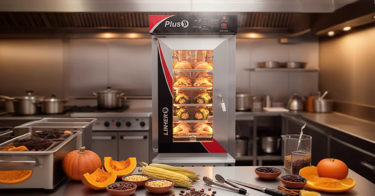 Cocina profesional moderna con horno de convección LINHER Plus; dentro se ven empanadas de calabaza, chiles rellenos gratinados y buñuelos crujientes. En primer plano, mesa de acero con calabaza, maíz, cacao y canela dispuestos con orden. Iluminación cálida que resalta acero y tonos dorados, transmitiendo innovación, tradición y profesionalismo.