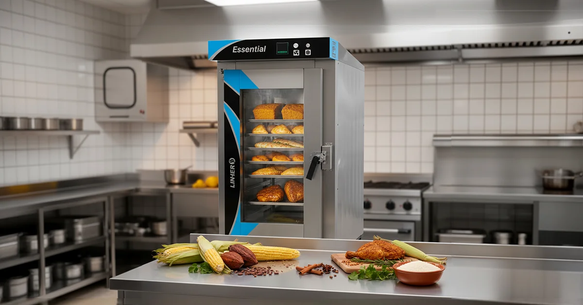 Horno de convección industrial LINHER Essential mostrando varias charolas horneándose (pan de maíz dorado, empanadas de calabaza, pescado al limón y pollo adobado); en primer plano, mesa de acero con mazorcas de maíz, cacao, canela, clavo, hierbas frescas y arroz crudo. Iluminación cálida que realza el acero y los tonos dorados, comunicando eficiencia, modernidad y tradición.