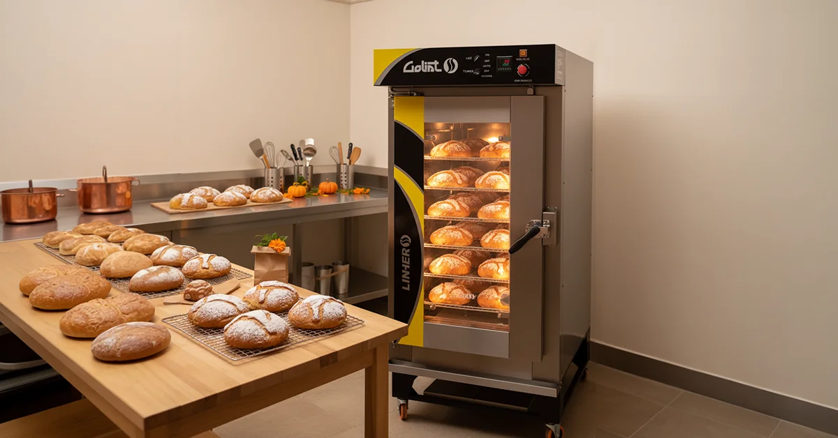 Horno de convección industrial LINHER Goliat cerrado y en funcionamiento con charolas de Panes de Muerto dorándose de forma uniforme; en primer plano, mesa de trabajo con panes listos espolvoreados con azúcar para empaquetar; fondo de panadería organizada con utensilios alineados y detalles discretos de temporada (calabazas pequeñas o cempasúchil). Iluminación cálida que realza el brillo metálico del horno y el dorado del pan, comunicando eficiencia, tradición y modernidad.