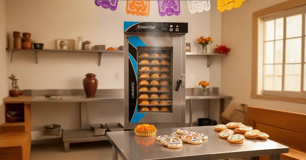 Horno de convección LINHER Essential mostrando Panes de Muerto dorándose de forma uniforme; en primer plano, mesa de acero con galletas decoradas con glaseado de calaveritas y tarta pequeña con flores de cempasúchil en crema. Fondo de panadería ordenada con papel picado o flores naranjas discretas. Iluminación cálida que realza el brillo metálico del horno y el dorado del pan, transmitiendo eficiencia, creatividad y tradición.
