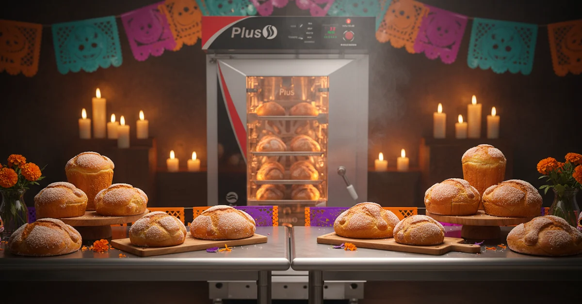Horno de convección LINHER Plus frontal y encendido con charolas de hojaldras y panes dulces dorándose; en primer plano, mesa de acero con masa cruda lista para hornear. Fondo muy Día de Muertos con papel picado, cempasúchil, velas y pequeña ofrenda que enmarca al horno sin restarle protagonismo. Luz cálida que realza acero y dorados, comunicando eficiencia, tradición y modernidad.