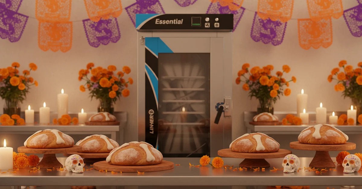 Tres hornos LINHER (Essential, Goliat, Plus) integrados en una cocina industrial con fondo claro cálido tipo melocotón; al frente, mesas con tamales, Pan de Muerto, calaveritas y jarritas de atole; arriba, papel picado y arreglos de cempasúchil con velas. Luz brillante y cálida que realza el acero y los dorados, manteniendo proporciones y textos originales de los hornos, en una escena muy Día de Muertos lista para impresión.