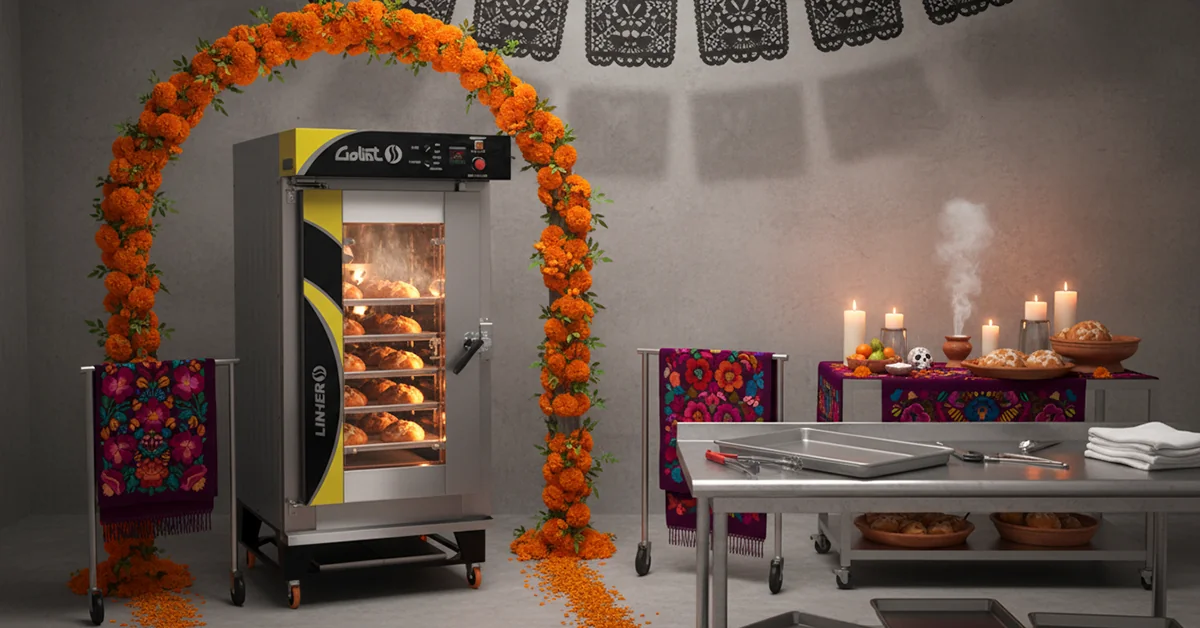 Horno de convección LINHER Goliat encendido y entreabierto con bandejas de Pan de Muerto dorándose; alrededor, mesa de acero con charolas listas y utensilios ordenados. Fondo muy tradicional con arco de cempasúchil, papel picado, ofrenda discreta con velas, copal, fruta y calaveritas, y camino de pétalos. Luz cálida y suave que realza acero y textura del pan, uniendo precisión técnica y tradición mexicana.