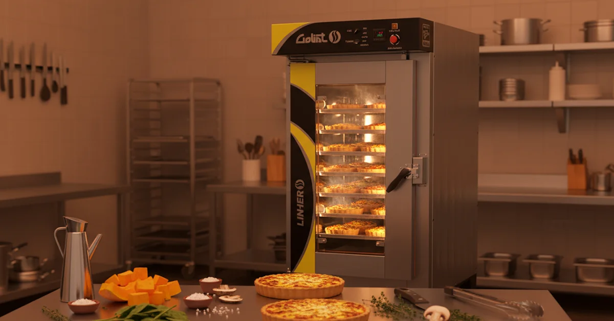 Cocina profesional con horno de convección LINHER Goliat, mostrando charolas con tartas saladas, quiches y vegetales gratinados dorándose de modo uniforme; en primer plano, mesa de acero con calabaza, espinacas, champiñones y hierbas listas para usar. Iluminación cálida de otoño en tonos naranja y dorado, con reflejos metálicos que destacan la solidez del horno y la estética moderna.