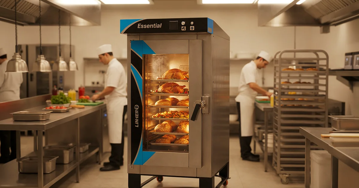 Cocina profesional en temporada de fin de año con tonos cálidos; al centro, horno de convección LINHER Essential mostrando pavos, panes y guarniciones dorándose uniformemente. Alrededor, chefs trabajando con precisión en mesas de acero con ingredientes frescos y bandejas listas para hornear. Reflejos metálicos brillan bajo la luz cálida, evocando eficiencia, orden y alto rendimiento en un banner horizontal.