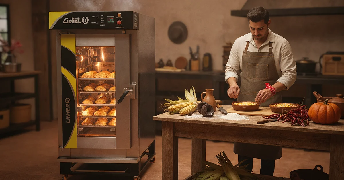 Horno de convección LINHER Goliat encendido con empanadas; chef prepara cazuelas en mesa rústica con maíz, calabaza y chiles.