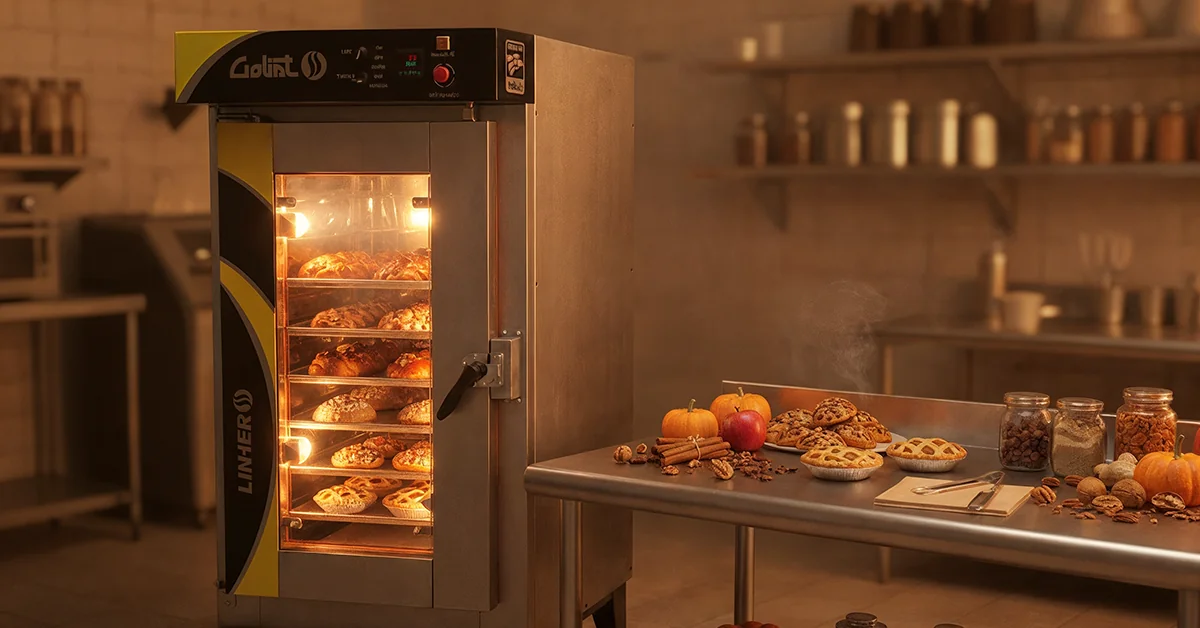 Horno de convección LINHER Goliat encendido con charolas de panes especiados, bollería con frutos secos y mini pays de calabaza/manzana; a su alrededor, nueces, canela, calabazas y manzanas sobre mesa de acero bajo luz cálida otoñal.