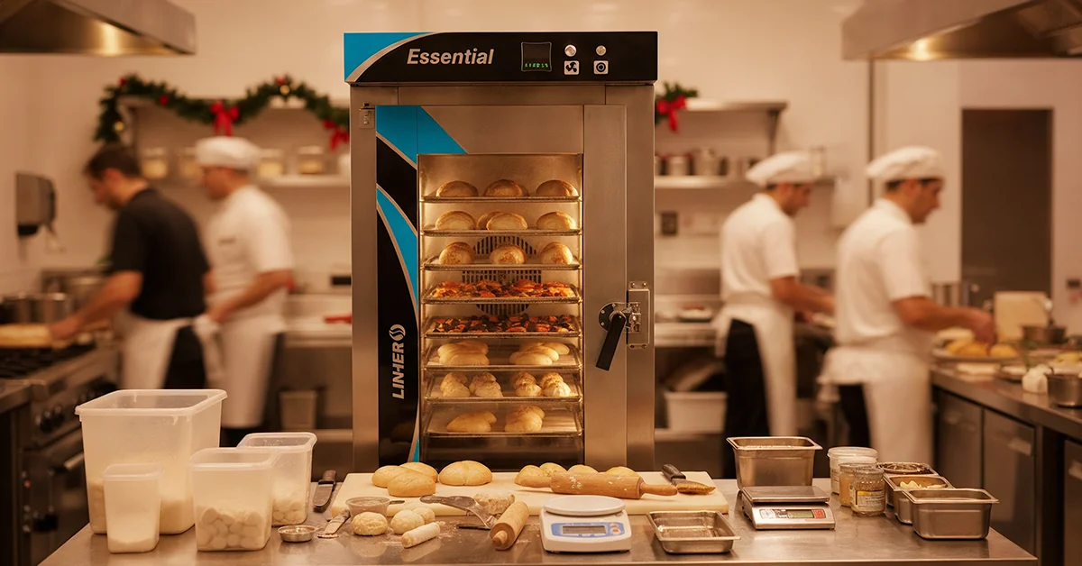 Cocina profesional con mesa de acero ordenada (masas, rodillos, utensilios) frente a un Horno de convección LINHER Essential donde se ven bandejas con masas semi-horneadas, frutas secas y verduras; luz cálida que transmite preparación navideña y profesionalismo.