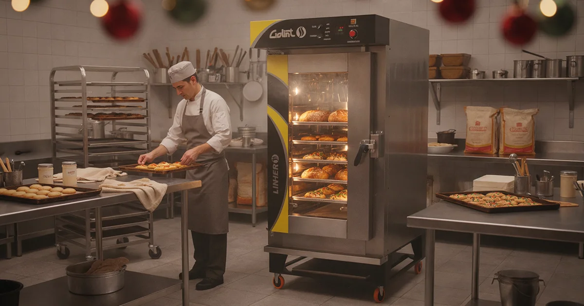 Horno de convección LINHER Goliat encendido con panes y galletas dorándose; a su alrededor, charolas apiladas, masas reposando y un chef preparando productos en mesa de acero bajo luz cálida, transmitiendo planeación y eficiencia navideña.