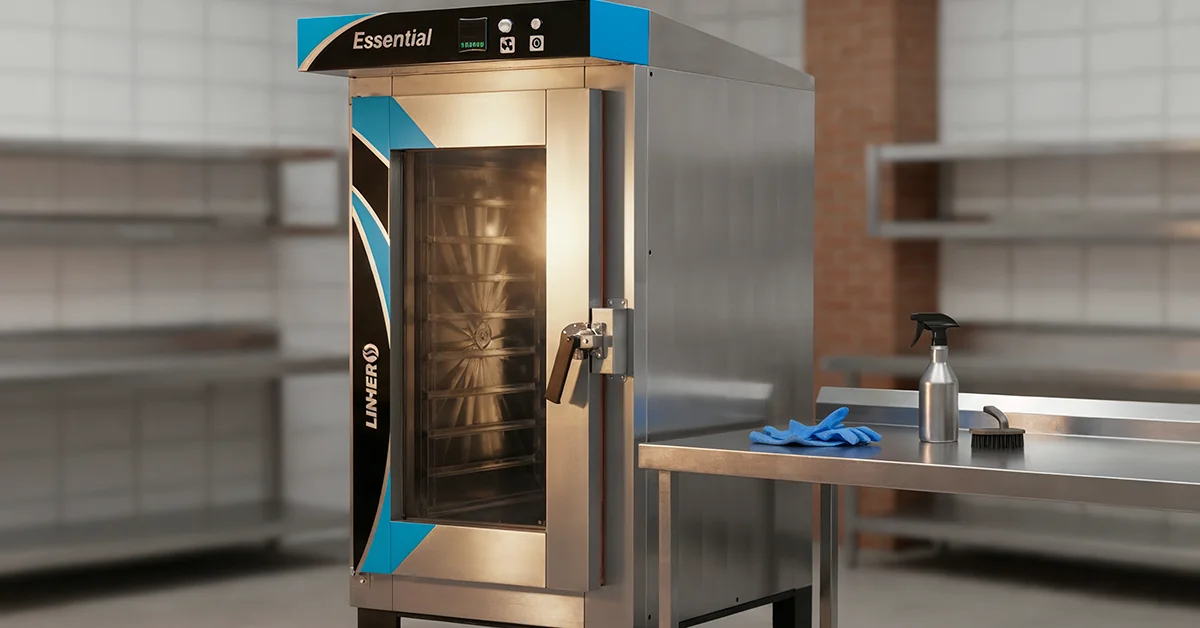 Horno de convección LINHER Essential; a un costado, paño, guantes, cepillo y rociador sobre mesa de acero, bajo luz cálida direccional que resalta el brillo del acero.