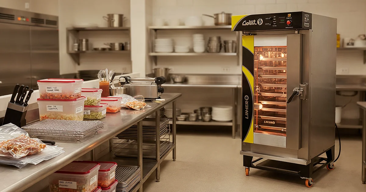 Horno de convección LINHER Goliat y encendido con charolas de pavos precocidos, verduras rostizadas y panqués; en la mesa, recipientes etiquetados, charolas para enfriar y contenedores al vacío bajo luz cálida limpia, reflejando orden y producción anticipada.