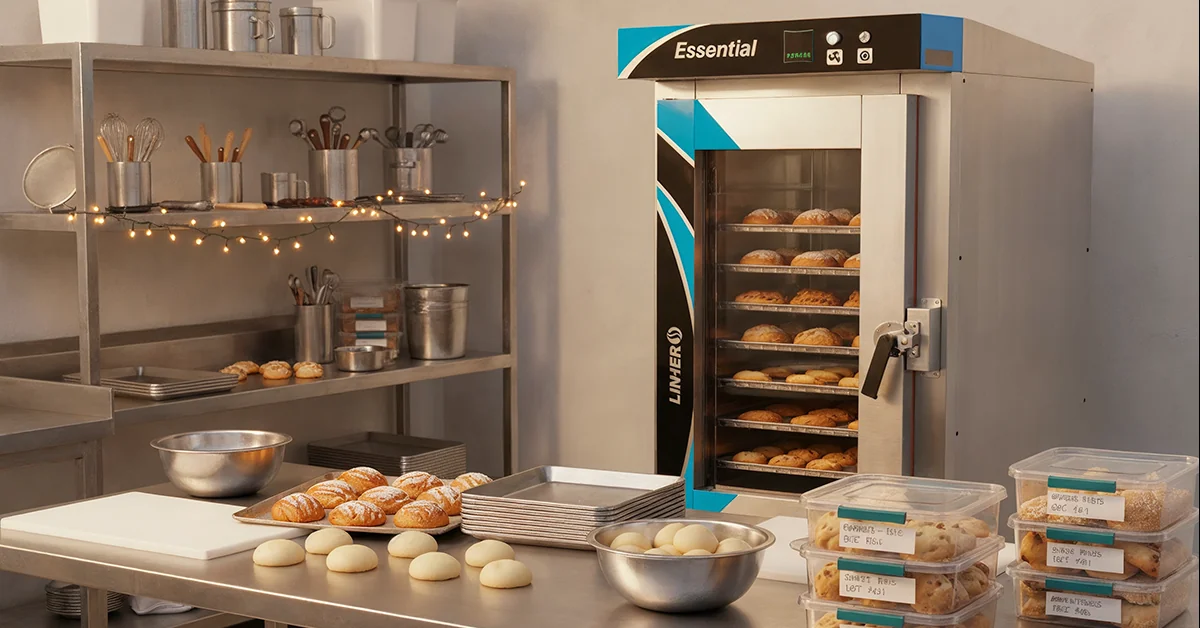 Horno de convección LINHER Essential con charolas de panecillos, empanadas y galletas; en la mesa, masas boleadas, charolas listas y recipientes etiquetados, bajo luz cálida limpia que comunica eficiencia y organización para posadas.