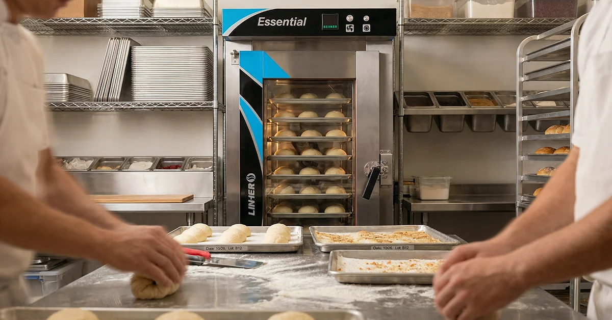 Cocina de panadería con horno de convección cerrado y apagado mostrando charolas con panecillos; en primer plano, manos boleando masa/charolas listas en suave desenfoque; luz cálida profesional que comunica producción por lotes, eficiencia y consistencia.