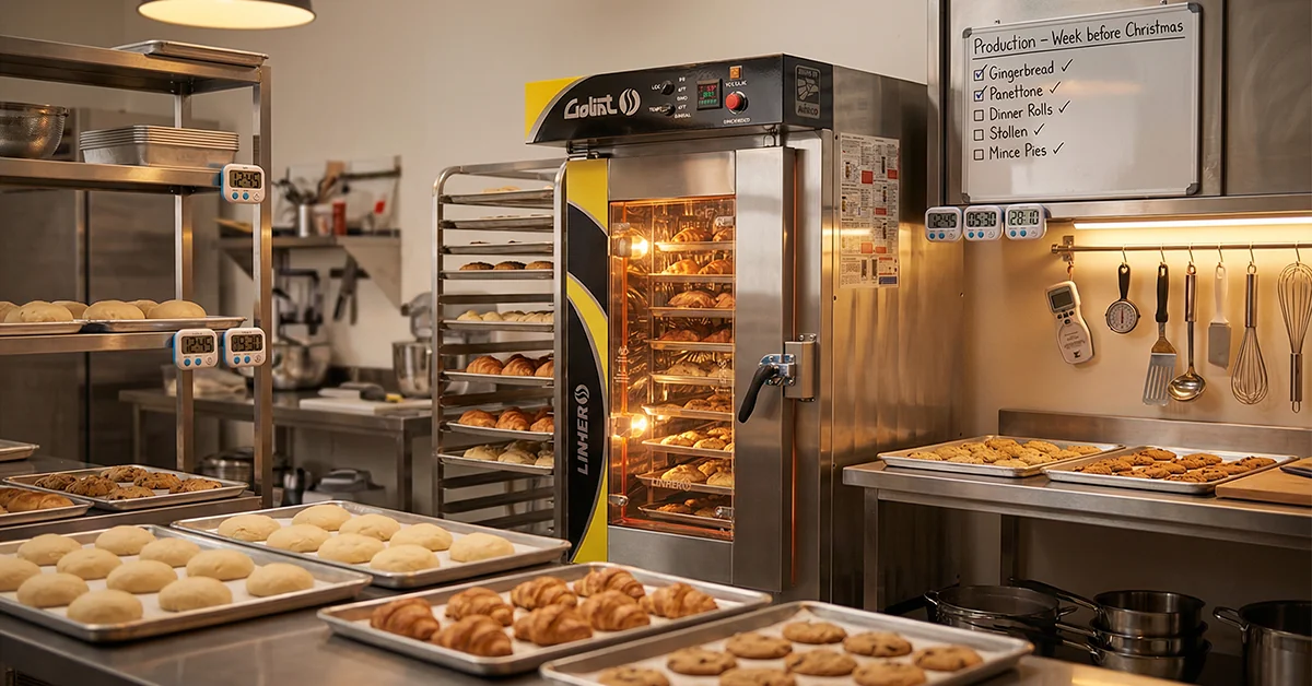 Cocina profesional con horno de convección LINHER Goliat encendido iluminando bandejas en varios niveles; alrededor, mesas con charolas, timers, lista de producción y utensilios alineados, bajo luz cálida que resalta el metal y comunica orden y alto rendimiento.