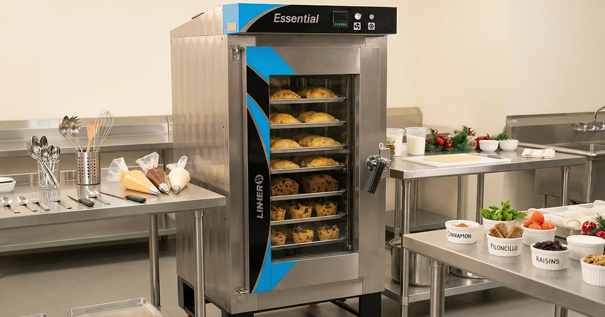 Horno de convección LINHER Essential con puerta cerrada mostrando empanadas doradas, pan de frutas y capirotadas individuales; alrededor, mesas de acero con utensilios limpios e ingredientes frescos en un entorno moderno y ordenado.