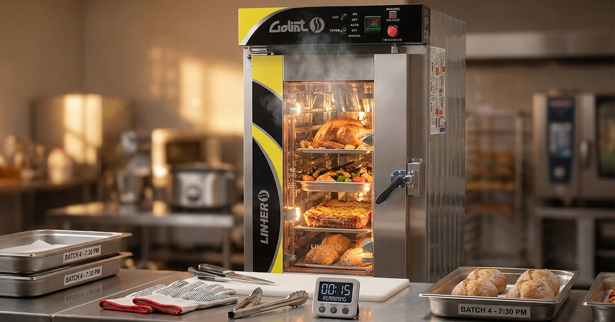 Horno de convección LINHER Goliat con charolas de pavo, vegetales, lasaña y panes dorados; vapor ligero de última tanda, utensilios ordenados, temporizador digital y bandejas listas, bajo luz cálida que comunica precisión y eficiencia.