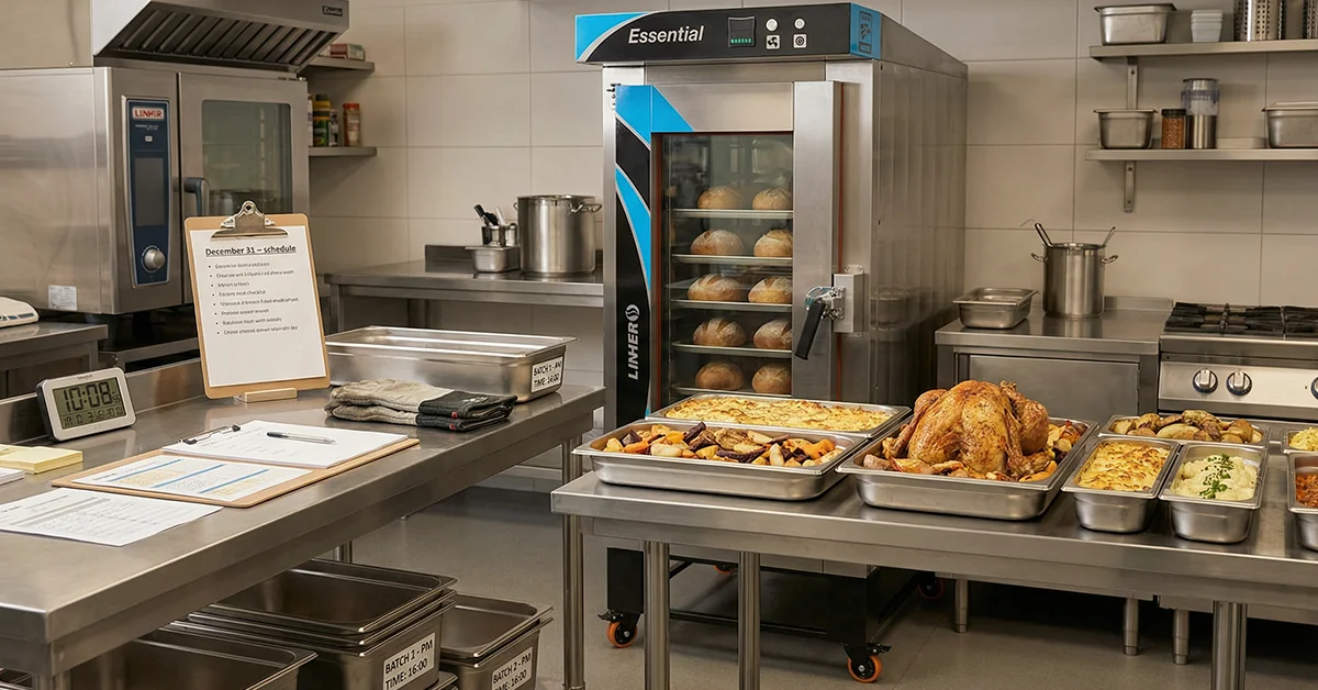 Cocina profesional con horno de convección LINHER Essential mostrando panes dorándose y bandejas de cenas listas para entrar; a un costado, planificación, checklist y reloj digital sobre mesa de acero, en luz moderna que comunica orden, precisión y preparación para el 31 de diciembre.