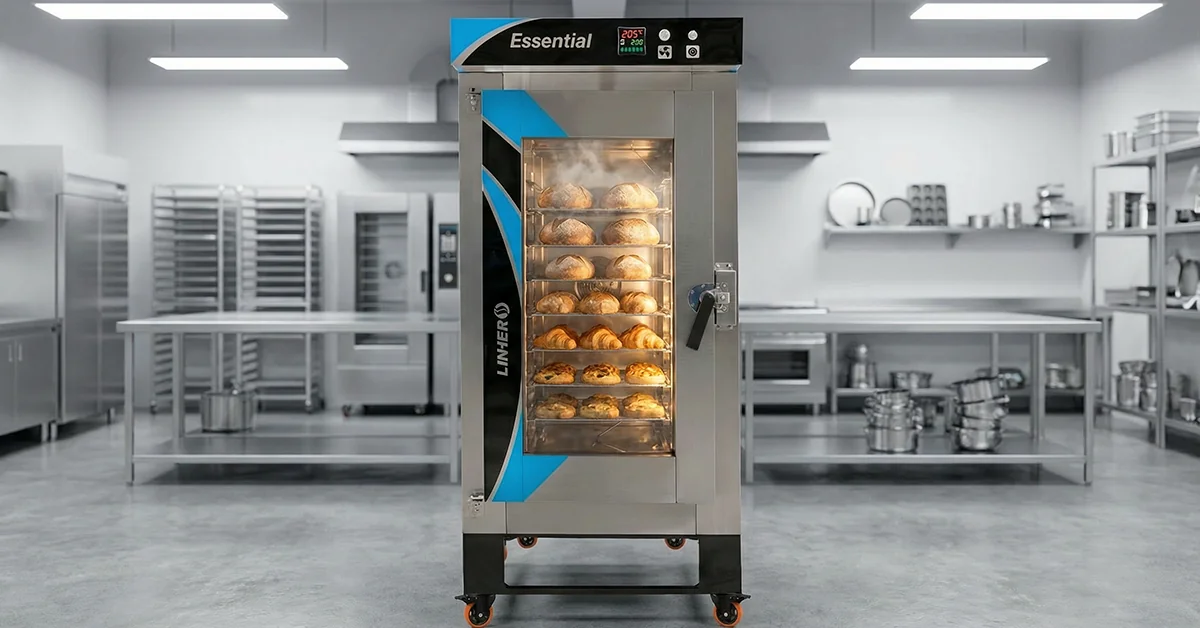 Horno de convección industrial LINHER Essential como protagonista absoluto en una panadería moderna, con charolas alineadas y productos horneándose, en un entorno limpio y tecnológico que representa las tendencias 2026.