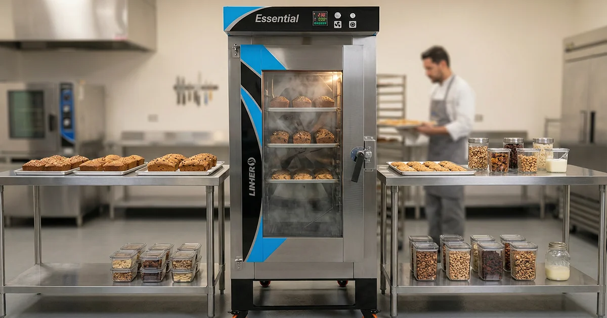 Horno de convección industrial LINHER Essential completamente visible, horneando productos hechos con ingredientes reutilizados en una cocina profesional ordenada, transmitiendo eficiencia, control y reducción de desperdicio post-temporada.