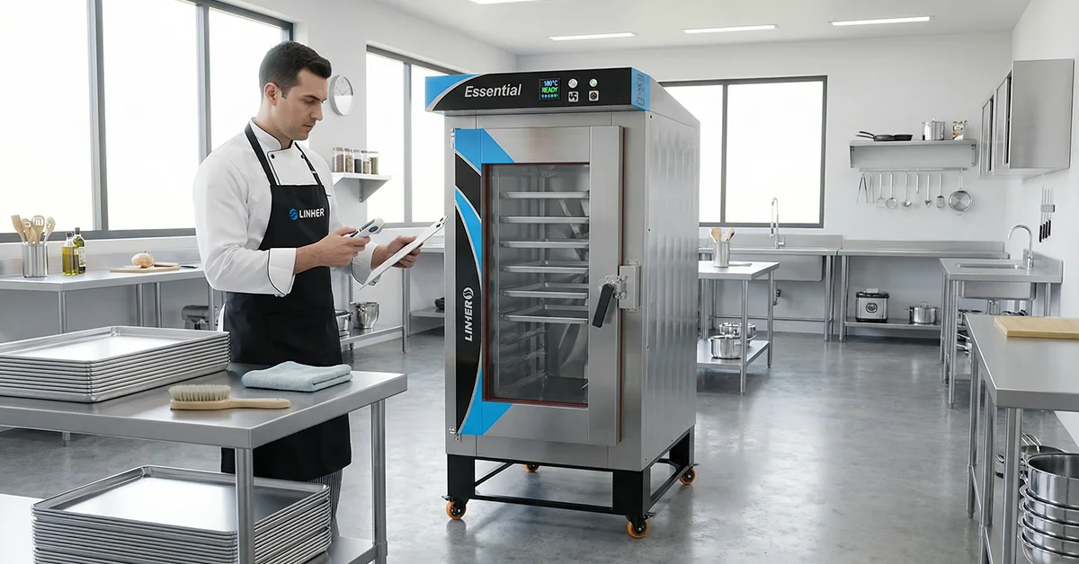 Horno de convección industrial LINHER Essential visible de cuerpo completo en una cocina profesional ordenada, con panel encendido y ambiente de mantenimiento y control al inicio del año.