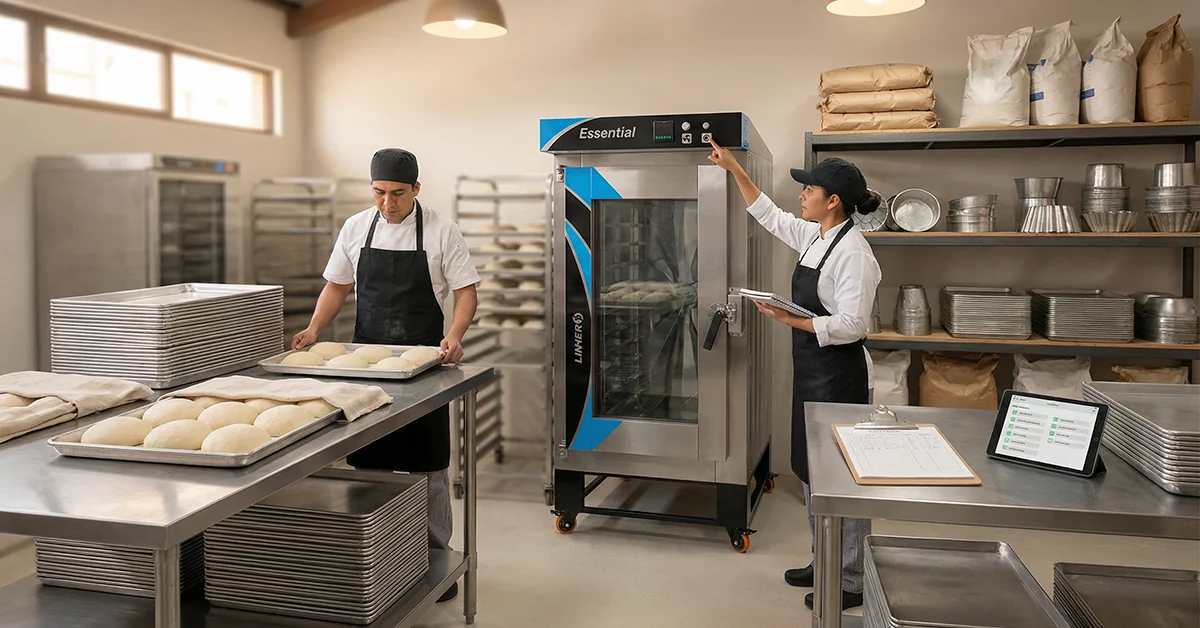 Horno de convección industrial LINHER Essential en una panadería profesional de Puebla, rodeado de charolas organizadas y personal mexicano revisando la planeación de producción.