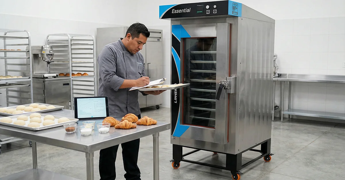 Horno de convección industrial LINHER Essential en una cocina profesional moderna, con charolas alineadas y preparaciones de prueba, mostrando innovación, control y desarrollo técnico gastronómico.