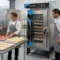 Horno de convección industrial LINHER Essential con mini tartas en su interior dentro de una cocina profesional de repostería organizada.
