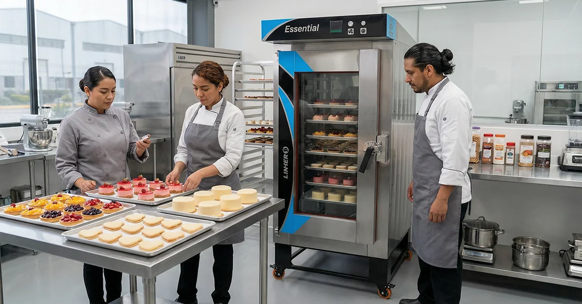 Horno de convección industrial LINHER Essential con mini tartas en su interior dentro de una cocina profesional de repostería organizada.